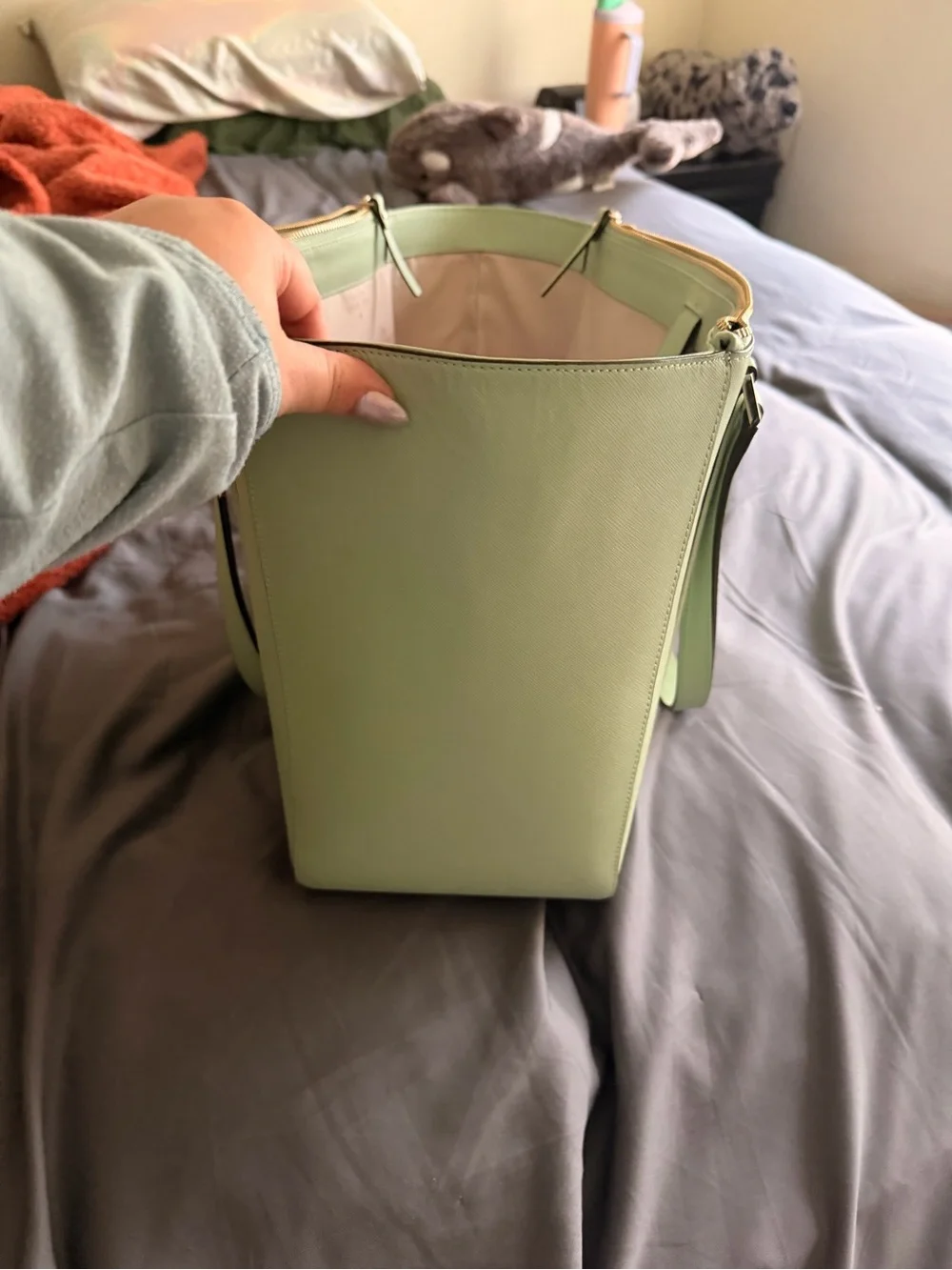 kate spade sage green Saffiano leather tote with gold hardware